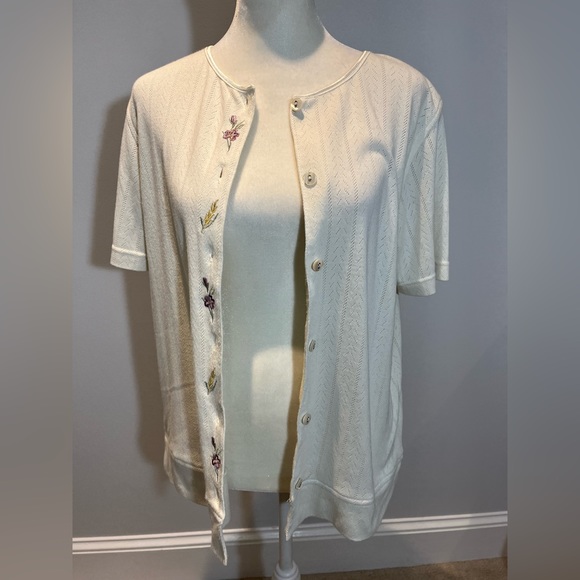 Vintage morning blue white knit pointelle cardigan shirt dutton down size small - Picture 2 of 8